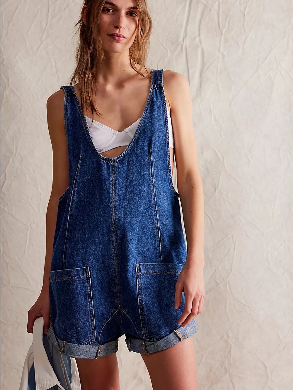 Free People We The Free High‎ Roller Denim Shortall Overalls Romper Medium Dark